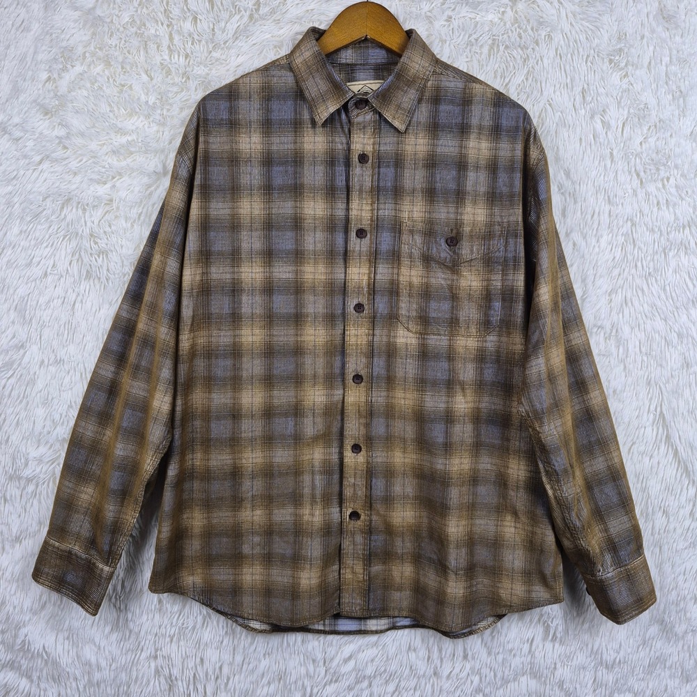 Scully Farthest Point Mens Brown Blue Plaid Cotton Corduroy Button Down Shirt L
